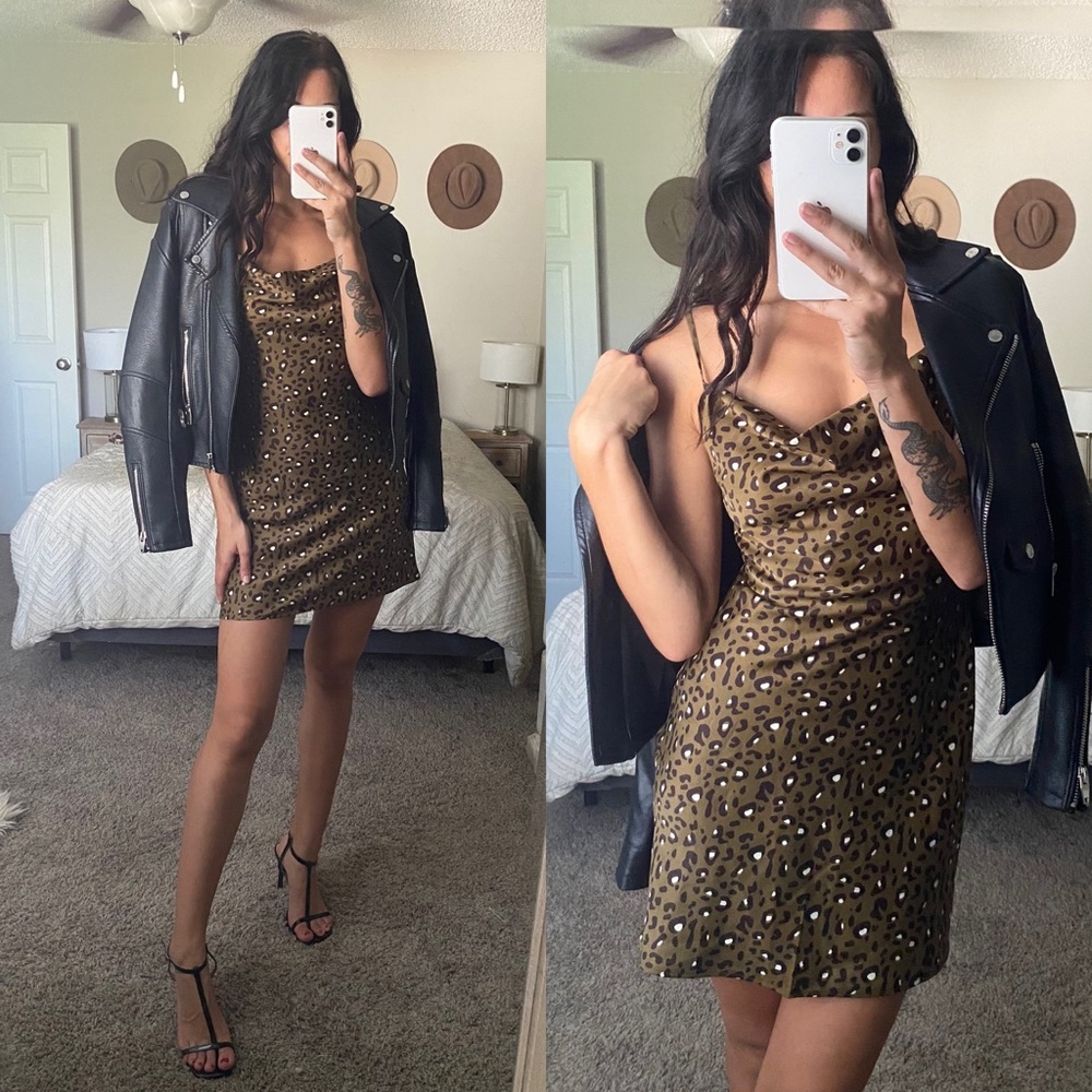 Mocha/Olive Leopard Print Satin Dress w/ Cowl Neck